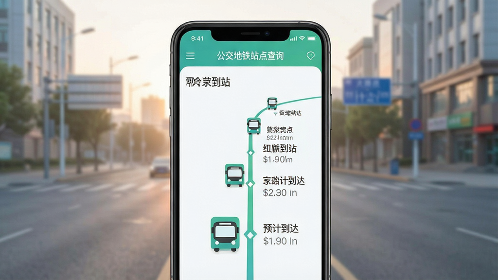 一张展示“公交地铁站点查询”APP实时公交到站功能的界面截图风格图片,画面中手机屏幕显示公交车辆图标沿线路移动,站点名称和预计到达时间清晰可见,背景为清晨城市街道,风格简洁现代,色彩清爽,画质干净,无多余元素