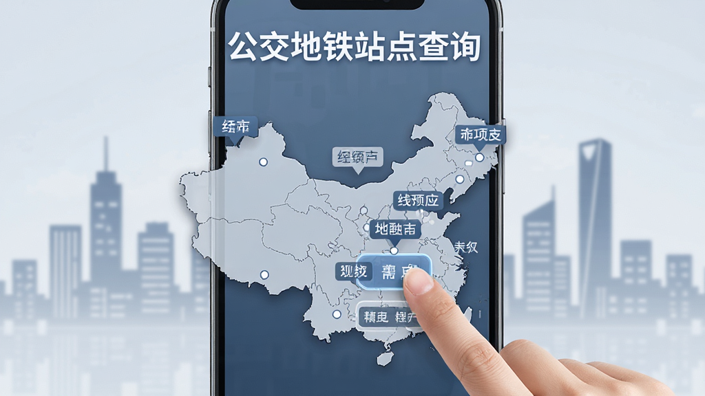 一张以“公交地铁站点查询”多城市切换功能为主题的AI生成图,画面中手机屏幕展示中国地图轮廓,多个城市名称标签悬浮在地图上方,用户手指正点击切换城市按钮,背景为柔和的城市天际线剪影,风格商务简约,色调蓝灰相间,画质高清,干净无杂