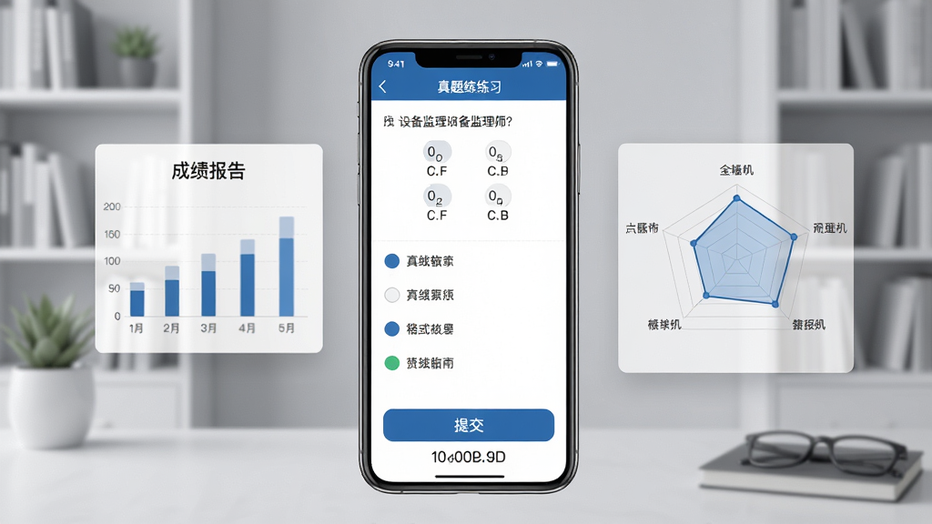 设备监理师APP真题练习界面,手机屏幕显示一道选择题与四个选项,下方有提交按钮与计时器,屏幕旁边漂浮着成绩报告图表与雷达图,背景为浅灰色书房场景,风格商务学习风,细节清晰,画质高清,干净无多余元素
