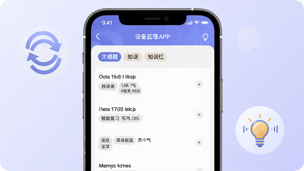 设备监理师APP错题本界面,手机屏幕显示错题列表与知识点标签,屏幕周围有循环箭头与灯泡图标,象征智能复习与强化记忆,背景为淡紫色渐变,风格科技教育风,布局清晰,画质高清,干净无多余元素