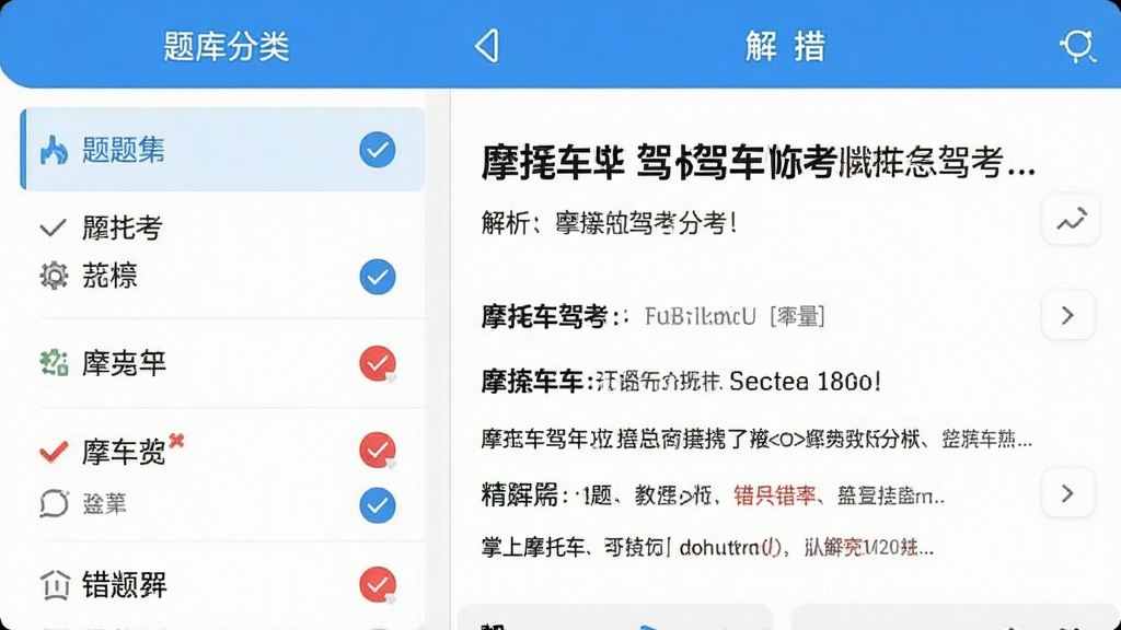 画面主体为掌上摩托车驾考应用界面截图风格展示,布局为左右分栏,左侧显示题库分类列表,右侧显示一道摩托车驾考题目与解析,排版整齐,风格为清爽教育类UI,细节包括蓝色勾选标记与红色错题标记,画质高清,干净,无多余元素