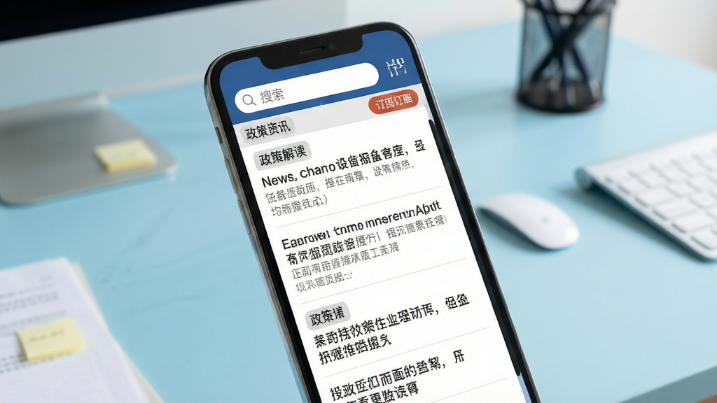 设备监理师APP资讯页面,手机屏幕显示新闻列表与政策解读标签,屏幕上方有搜索框与订阅按钮,背景为浅蓝色办公桌场景,风格新闻资讯风,细节清晰,画质高清,干净无多余元素