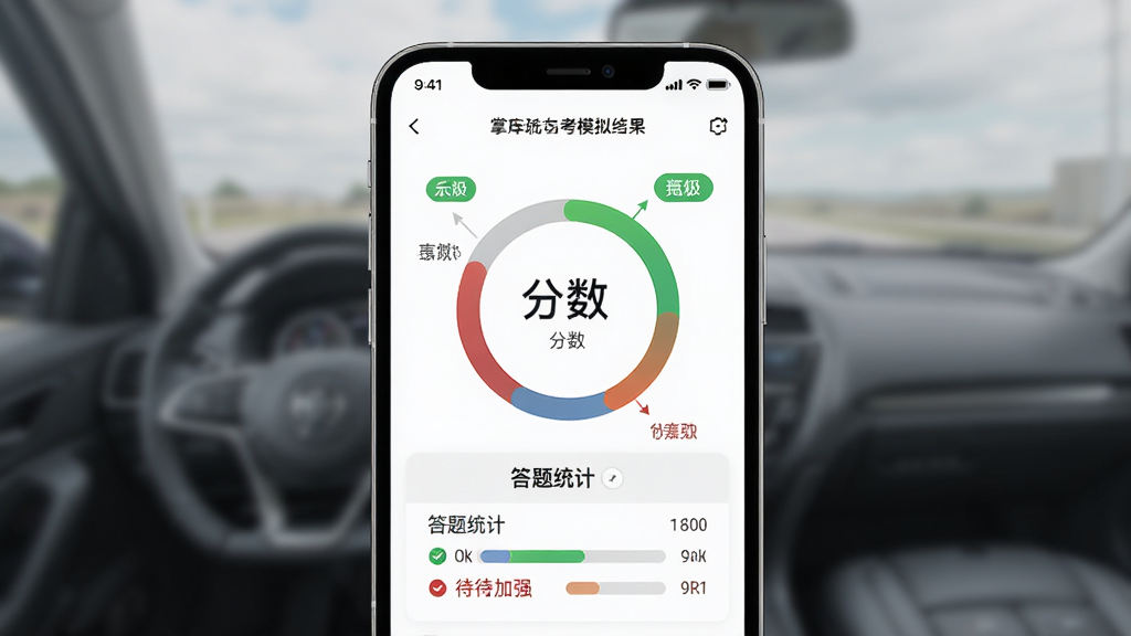 画面主体为掌上摩托车驾考模拟考试结果页面,布局为手机屏幕居中,屏幕内显示分数环形图与答题统计,排版对称,风格为现代简约风,细节包括绿色及格标识与红色待加强标识,画质高清,干净,无多余元素