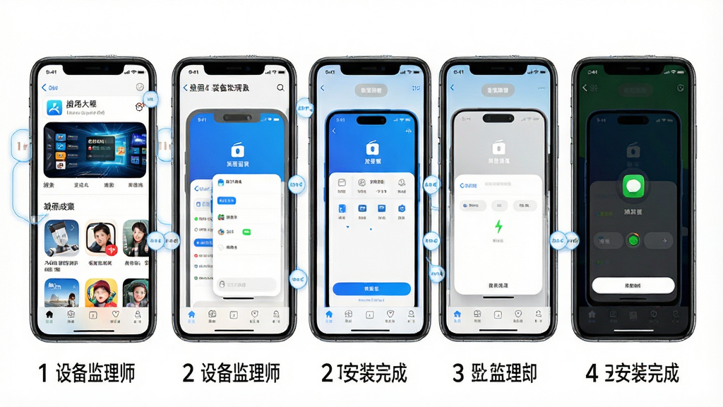 设备监理师APP安装步骤示意图,画面展示手机屏幕从应用商店搜索到安装完成的五个步骤截图,每张截图配有数字序号与简短中文说明,背景为白色简洁风格,布局横向排列,细节清晰,画质高清,干净无多余元素