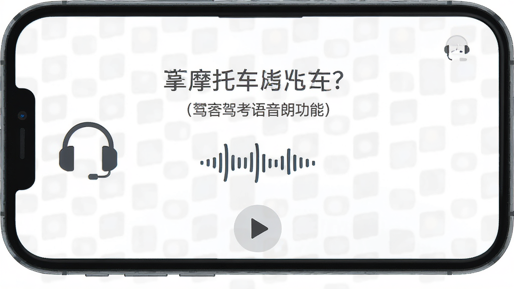 画面主体为掌上摩托车驾考语音朗读功能示意,布局为手机屏幕居中,屏幕内显示题目文字与声波图标,排版简洁,风格为扁平化设计,细节包括耳机图标与语音播放按钮,画质高清,干净,无多余元素