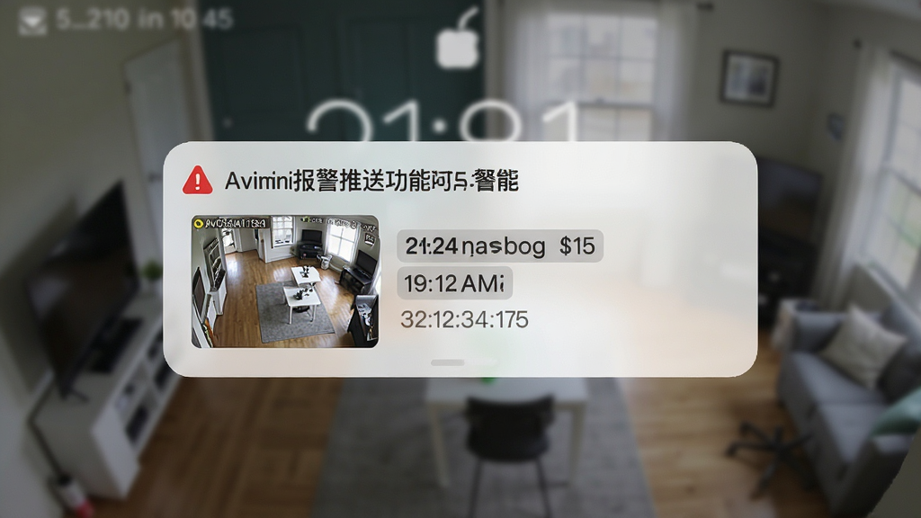 Avmini报警推送功能展示,画面为手机锁屏界面弹出报警通知卡片,卡片内包含监控截图缩略图与时间信息,背景为模糊的室内监控场景,风格写实清晰,排版突出通知卡片,细节丰富,画质干净无杂乱元素