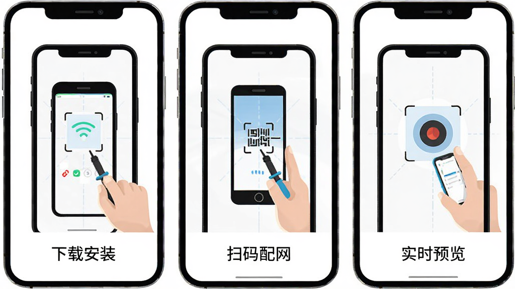 Avmini安装配网步骤示意图,画面分为三个并列的手机屏幕面板,从左到右分别展示下载安装、扫码配网、实时预览三个步骤,每个面板下方配有简短文字说明,背景为纯白底色,风格扁平化插画,排版清晰有序,画质干净整洁