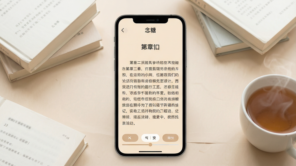 一张展示手机阅读应用界面的图片,画面中央是一部竖屏手机,屏幕中显示小说阅读页面,背景为柔和的浅米色,顶部有“念糖”应用名称,页面中包含章节标题和正文段落,底部有翻页按钮和进度条,周围散落几本合上的纸质书和一杯热茶,整体风格清新简约,光线柔和,画质干净清晰,无多余元素。