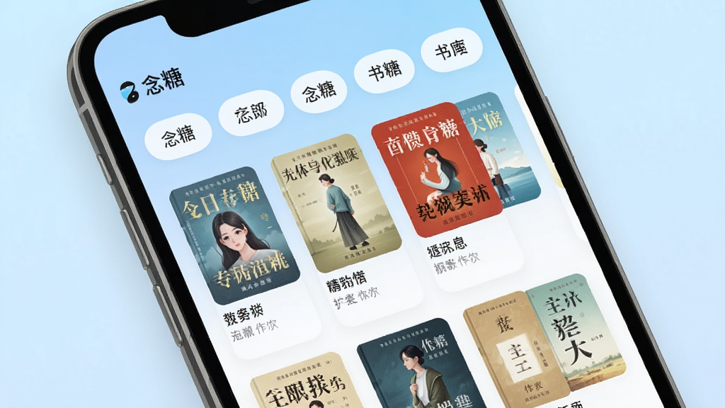 一张展示手机应用书库分类页面的图片,画面中手机屏幕显示“念糖”书库界面,顶部有多个分类标签,中间是书籍封面网格排列,每本书封面下方有书名和作者,背景为淡蓝色渐变,风格清爽现代,画质干净,无多余元素。