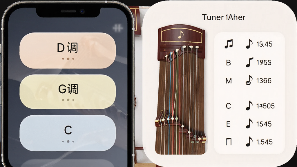 古筝Tuner调音器多调式选择界面,手机屏幕显示D调、G调、C调等选项按钮,旁边有古筝琴弦与音名对照表,风格柔和圆角,细节包含音符图标与频率数值,画质高清,干净,无多余元素
