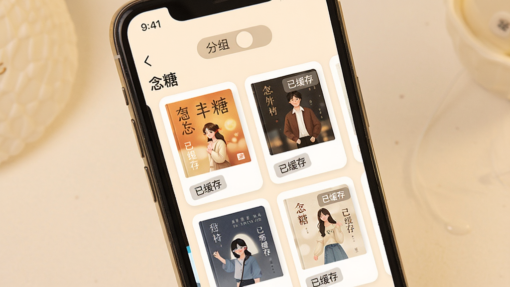 一张展示手机书架管理界面的图片,手机屏幕中显示“念糖”书架页面,书籍以卡片形式排列,部分书籍带有“已缓存”标签,顶部有分组切换按钮,背景为暖白色,风格温馨整洁,画质干净,无多余元素。