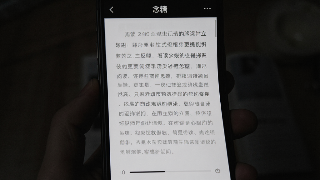 一张展示手机全屏阅读界面的图片,手机屏幕中显示“念糖”全屏阅读页面,只有文字内容与极简的进度提示,背景为深色夜间模式,文字为浅灰色,整体氛围安静沉浸,画质干净,无多余元素。
