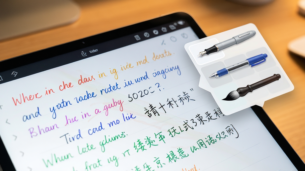 Noteshelf 3书写体验特写,画面聚焦平板屏幕局部,屏幕上显示一行行彩色手写英文与中文笔记,笔迹边缘平滑自然,旁边悬浮显示钢笔、圆珠笔、毛笔等笔刷选择面板,背景虚化为暖色桌面,风格写实细腻,画质清晰干净,无多余元素
