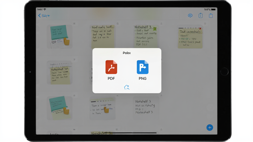 Noteshelf 3导出分享界面,画面中平板屏幕显示导出格式选择弹窗,选项包含PDF与PNG图标,背景为笔记缩略图列表,风格现代简洁,排版清晰,画质干净,无多余元素