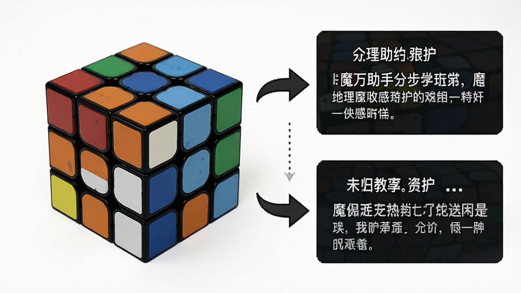 一张展示魔方助手分步教学界面的预览图,画面中一个三阶魔方处于半还原状态,旁边有步骤指示箭头和文字说明框,背景为白色,风格教学演示风,排版清晰,画质高清,干净无多余元素