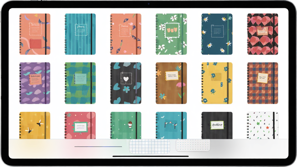 Noteshelf 3模板选择界面,画面中平板屏幕显示多本不同封面的笔记本缩略图排列成网格,封面颜色与图案各异,下方有横线、方格、点阵等模板标签,风格清新活泼,排版整齐,画质干净,无多余元素