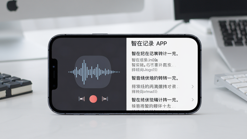 一张展示智在记录软件核心功能的场景图,画面中央是手机屏幕,屏幕上显示智在记录APP的录音转文字界面,左侧有音频波形图标,右侧是整齐排列的文字笔记列表,背景为简洁的办公桌面,整体风格现代科技感,细节清晰,画质干净无多余元素