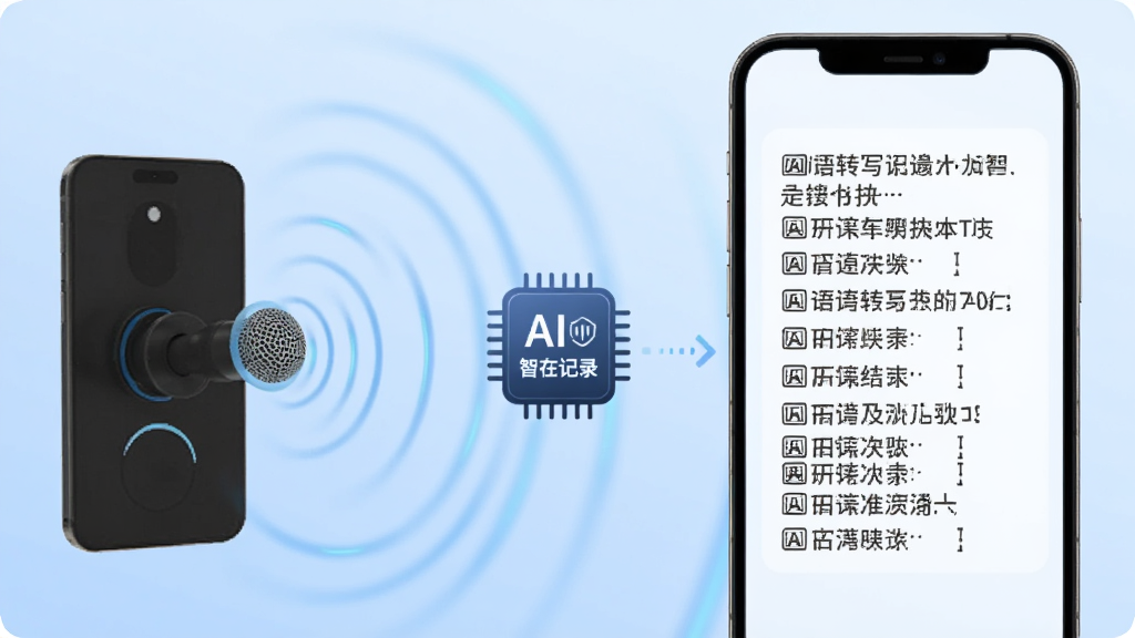 一张AI语音转写功能的示意图,画面中一部手机正在录音,声波从手机麦克风位置扩散,声波经过一个标有“智在记录”的AI芯片图标后转化为整齐的文字段落显示在手机屏幕上,背景为浅蓝色渐变,风格简洁科技,画质清晰,无多余元素