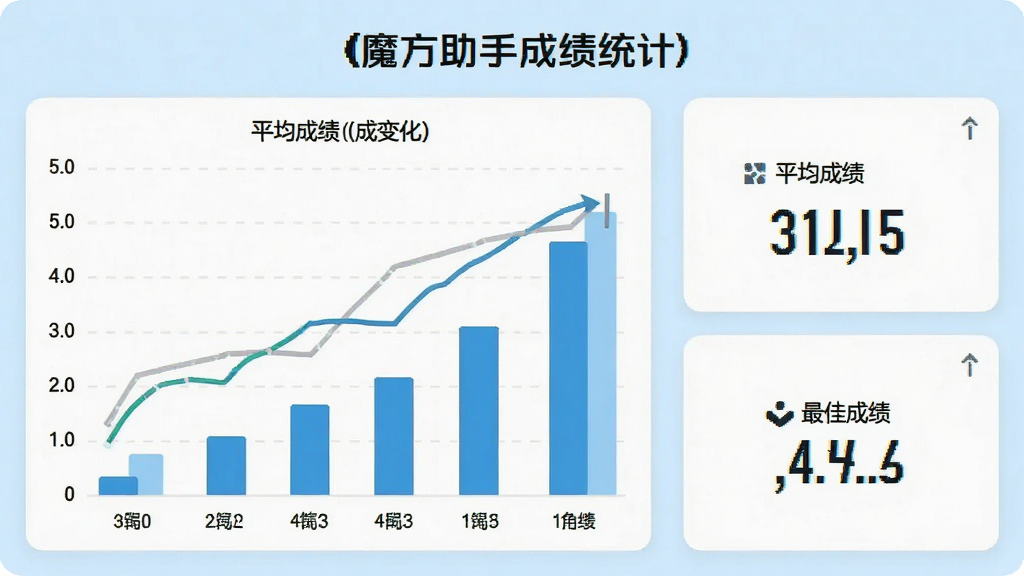 一张展示魔方助手成绩统计界面的预览图,画面中有折线图和柱状图展示成绩变化,旁边有平均成绩和最佳成绩的数字标注,背景为浅蓝色,风格数据可视化,排版清晰,画质高清,干净无多余元素