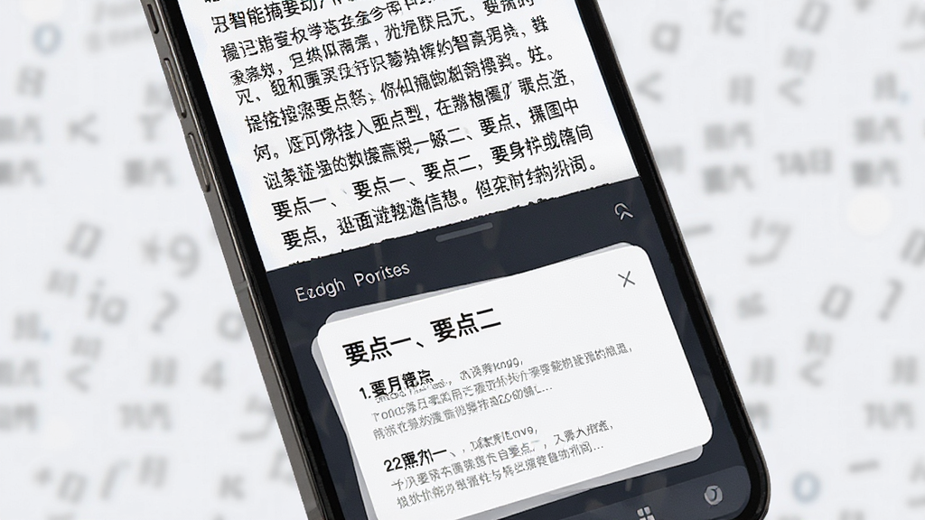 一张智能摘要功能的演示图,画面展示手机屏幕上半部分为一段长文本,下半部分为智在记录自动生成的摘要卡片,卡片上有“要点一、要点二”等字样,整体布局清晰,风格简约商务,画质干净