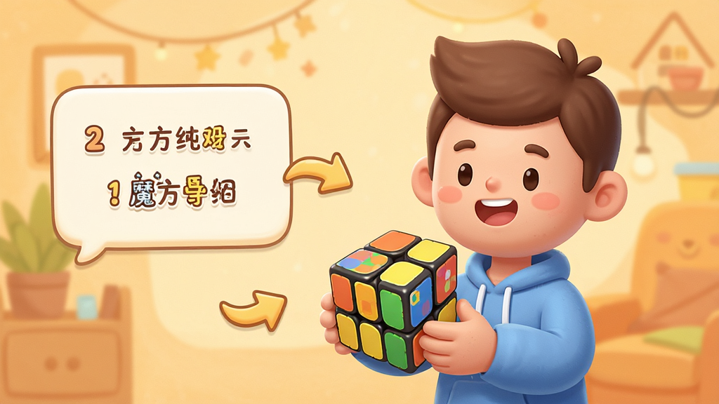 一张展示魔方助手新手教程界面的预览图,画面中一个卡通人物手持魔方,旁边有步骤提示框和箭头指引,背景为暖色调,风格亲切友好,排版清晰,画质高清,干净无多余元素