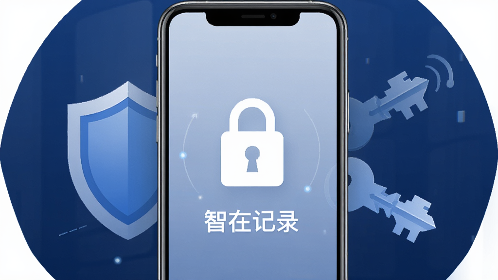 一张隐私加密功能的示意图,画面中央是一部手机,屏幕上显示一个锁形图标和“智在记录”字样,锁的周围有盾牌和钥匙的抽象图形,背景为深蓝色调,风格安全稳重,画质干净,无多余元素