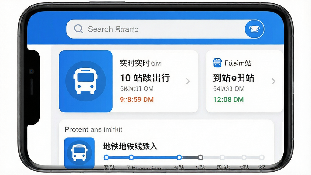 一张手机界面截图,主体为公交地铁e出行软件首页,布局包含顶部搜索栏、中部实时公交卡片和底部地铁线路入口,排版整洁清晰,风格为现代扁平化设计,细节包含蓝色主色调图标和到站时间数字,画质高清,干净,无多余元素
