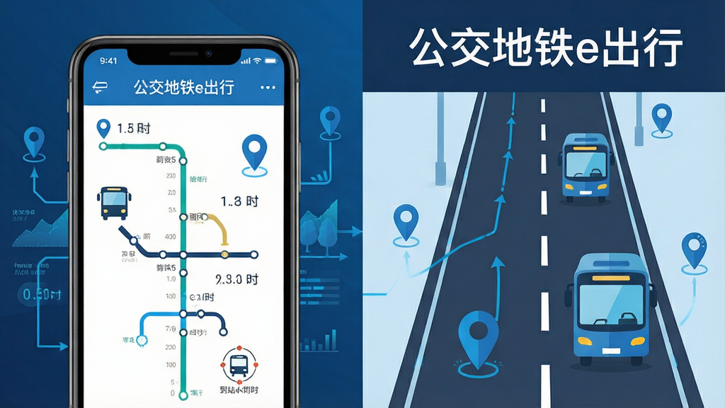 一张信息图,主体为公交地铁e出行的实时公交功能展示,布局左侧为手机屏幕显示公交线路与到站倒计时,右侧为道路与公交车图标示意,排版左右分栏,风格为科技感扁平插画,细节包含蓝色数据线条和定位图标,画面中标注文字“公交地铁e出行”,画质高清,干净,无多余元素