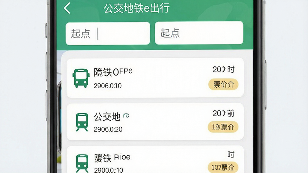 一张手机应用界面图,主体为公交地铁e出行的换乘方案页面,布局上方为起终点输入框,下方为多条路线卡片列表,排版纵向排列,风格为清爽浅色系UI,细节包含公交与地铁图标混排、时间与票价标签,画面中呈现文字“公交地铁e出行”,画质高清,干净,无多余元素