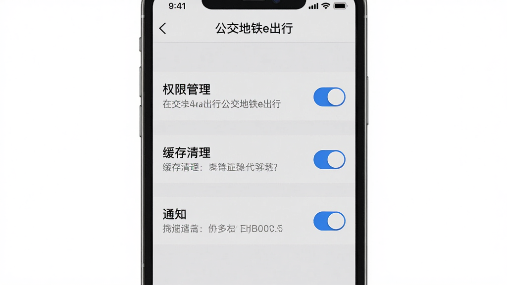 一张手机屏幕截图,主体为公交地铁e出行的设置页面,布局包含权限管理、缓存清理和通知开关等选项列表,排版纵向整齐,风格为简约浅灰界面,细节包含蓝色开关按钮和灰色说明文字,画面中呈现文字“公交地铁e出行”,画质高清,干净,无多余元素