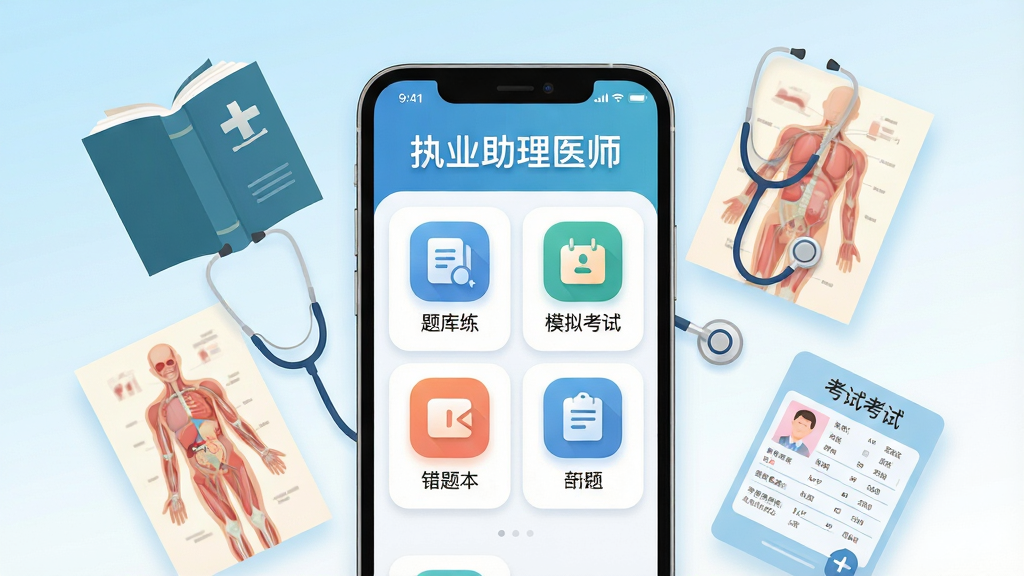 画面中央一部智能手机竖屏展示“执业助理医师”APP主界面,界面包含题库练习、模拟考试、错题本等模块图标;手机四周漂浮医学书籍、听诊器、人体解剖图、考试答题卡等元素;背景为浅蓝到白色的渐变医疗风格;整体排版简洁清晰,主体突出;风格为扁平化UI插画风;细节包括图标圆角、阴影柔和、文字“执业助理医师”清晰可见;画质高清、干净、无多余元素