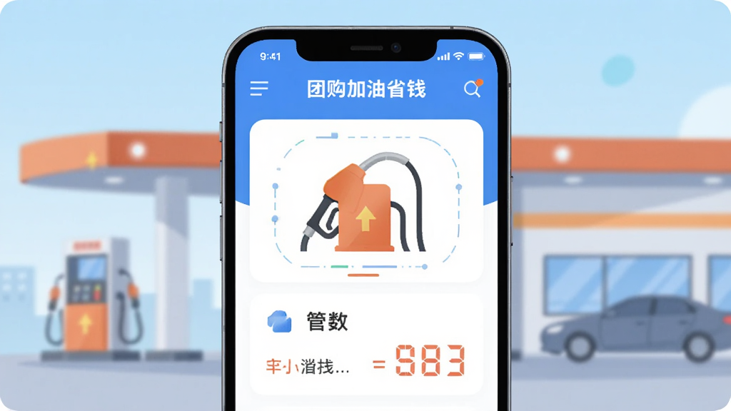 主体为一部智能手机,屏幕显示团购加油省钱APP的首页界面,界面中有加油枪图标和油价数字,布局为手机居中放置,背景为浅蓝色渐变,风格为扁平化科技插画风,细节包括加油站顶棚和汽车轮廓,画质清晰干净,无多余元素