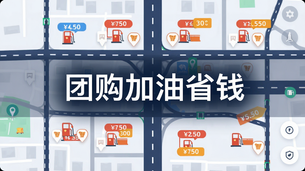 主体为一张数字地图,地图上分布着多个加油站图标和价格标签,布局为俯视视角,地图居中,风格为现代扁平化UI设计,细节包括道路线条和优惠标签,画质高清干净,画面中打文字“团购加油省钱”,无多余元素