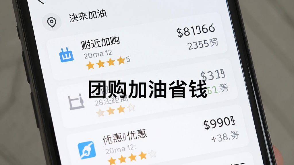 主体为手机屏幕特写,屏幕显示附近加油站列表,列表中有油站名称、距离和优惠金额,布局为手机竖屏居中,风格为清新简约的移动端界面风格,细节包括定位图标和星级评分,画质清晰,画面中打文字“团购加油省钱”,干净无多余元素