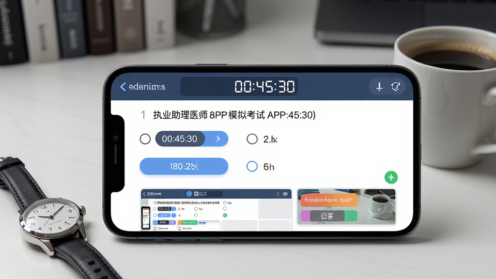 画面主体为一部横屏手机,屏幕显示“执业助理医师”APP模拟考试界面,顶部有倒计时“00:45:30”,中部为单选题题干与选项,底部有答题卡缩略图;手机旁边放着一只手表和一杯咖啡;背景为书房桌面场景;风格为写实科技风;细节要求倒计时数字醒目、选项按钮圆润、答题卡颜色区分已答未答;画质高清、干净、无多余元素