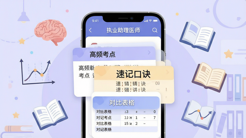 画面为手机屏幕展示“执业助理医师”APP考点精讲页面,屏幕中显示“高频考点”“速记口诀”“对比表格”等内容卡片,卡片上文字清晰排列;手机周围漂浮大脑、记忆曲线、书本等抽象图标;背景为浅紫色学习氛围;风格为扁平插画风;细节要求卡片层次分明、图标简洁、文字“考点精讲”可见;画质高清、干净、无多余元素