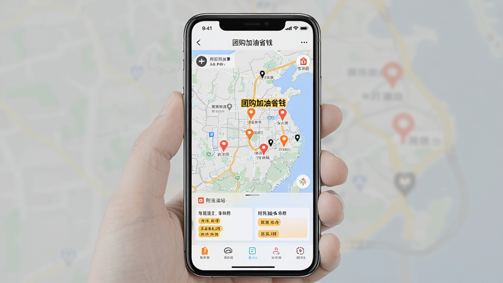 主体为手机屏幕显示团购加油省钱APP的附近油站页面,布局为手机居中竖屏展示,风格为写实手机界面截图风,细节包括地图背景、油站标记和优惠标签,画质清晰干净,画面中打文字“团购加油省钱”,无多余元素