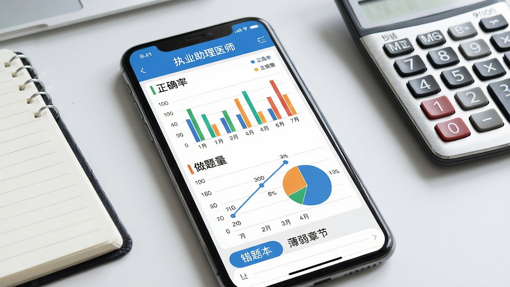画面为手机屏幕展示“执业助理医师”APP学习报告页面,屏幕中有柱状图、折线图、饼图展示正确率和做题量,下方有“错题本”“薄弱章节”标签;手机旁边放着笔记本和计算器;背景为简洁办公桌面;风格为商务数据风;细节要求图表颜色区分明显、数据标签清晰、整体干净;画质高清、干净、无多余元素