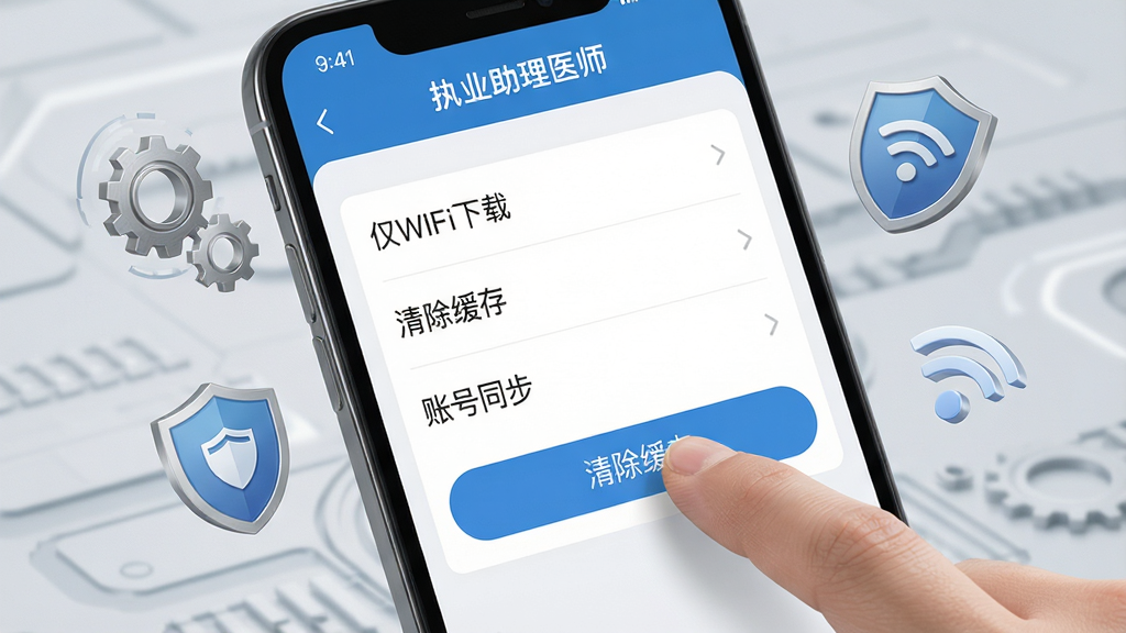 画面为手机屏幕特写,屏幕中显示“执业助理医师”APP的设置页面,页面内有“仅WiFi下载”“清除缓存”“账号同步”等选项,旁边有一只手指正在点击“清除缓存”按钮;手机周围漂浮齿轮、盾牌、WiFi图标;背景为浅灰色科技风;风格为写实UI展示;细节要求按钮文字清晰、手指动作自然、整体干净;画质高清、干净、无多余元素