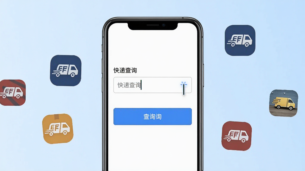 途快递快查通软件主界面截图,画面中央展示手机屏幕,屏幕内为快递查询输入框与查询按钮,背景为浅蓝色渐变,周围漂浮着多个快递公司Logo图标,布局简洁清晰,风格为扁平化科技感,细节包含输入光标闪烁效果,画质高清,干净,无多余元素