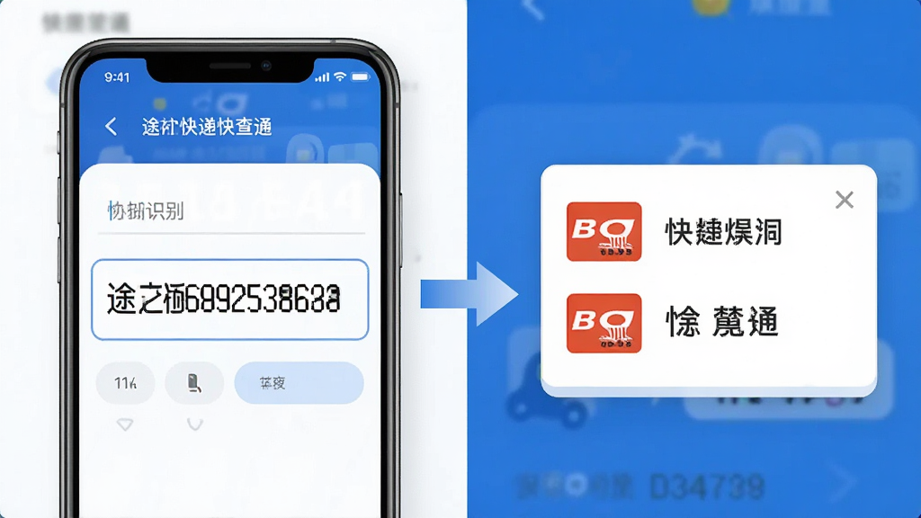 途快递快查通智能识别单号功能展示图,画面左侧为手机输入框内粘贴了一串快递单号,右侧自动弹出对应快递公司图标与名称,中间用箭头连接表示自动识别过程,布局左右分栏,风格为写实UI展示,细节包含单号数字清晰可见,画质高清,干净,无多余元素