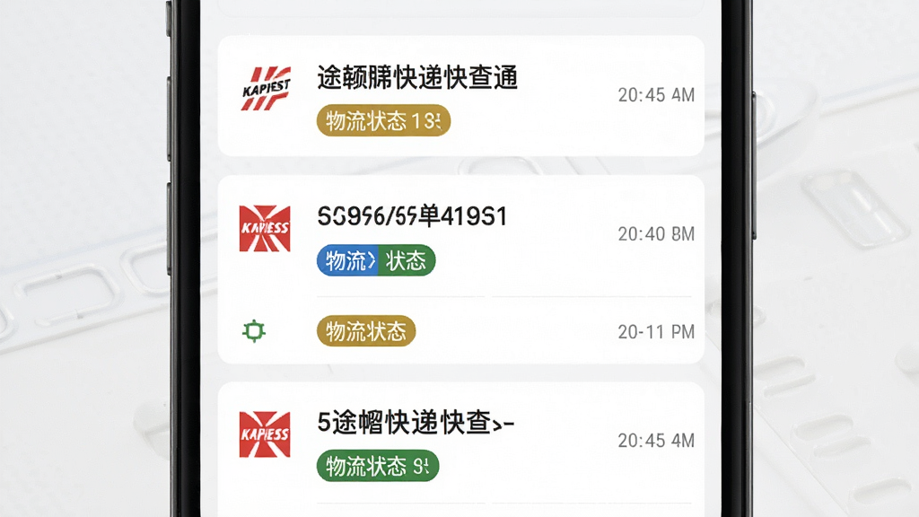 途快递快查通批量查询列表界面,画面展示手机屏幕内多个快递单号查询结果列表,每条记录包含快递公司图标、单号尾号、物流状态标签与时间,布局为垂直列表,风格为清新简约,细节包含状态标签用不同颜色区分,画质高清,干净,无多余元素