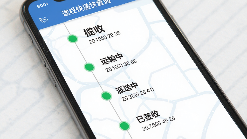 途快递快查通物流轨迹详情页,画面展示手机屏幕内垂直时间轴,时间轴上分布多个物流节点,包含揽收、运输中、派送中、已签收等状态文字与时间戳,布局为时间轴样式,风格为现代扁平,细节包含已完成节点用绿色圆点标记,画质高清,干净,无多余元素