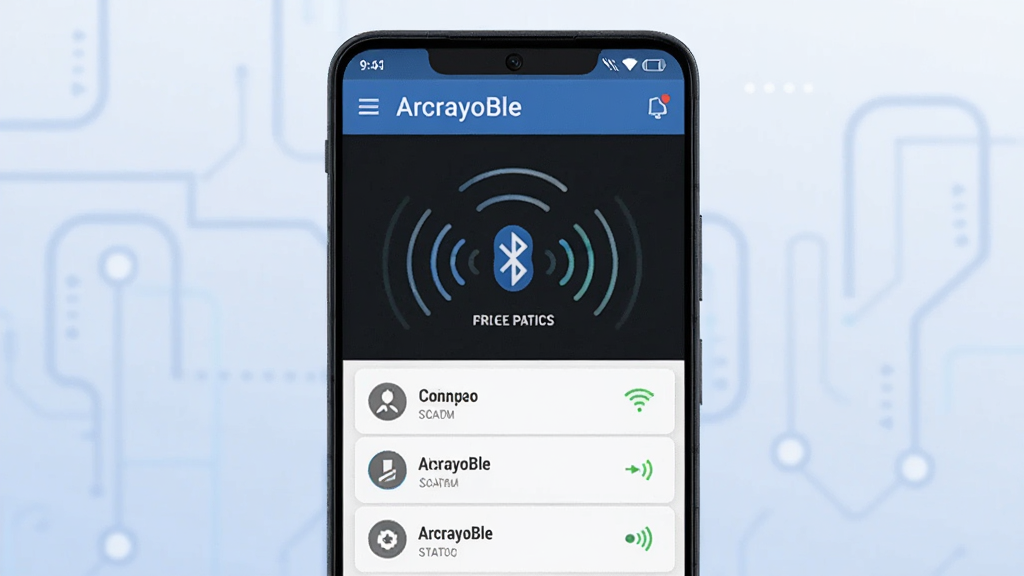 主体为一部安卓手机屏幕显示 ArcrayoBle 软件界面,界面中包含蓝牙设备扫描列表与连接状态图标,布局为手机正面居中展示,背景为浅色渐变科技风格,细节上屏幕内呈现信号波纹与设备名称列表,画质清晰,干净,无多余元素