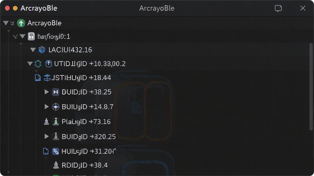 主体为 ArcrayoBle 软件服务列表界面,布局为树状层级展开,排版为纵向列表,风格为深色护眼模式,细节上显示 UUID 与特征值属性图标,画质清晰,干净,无多余元素