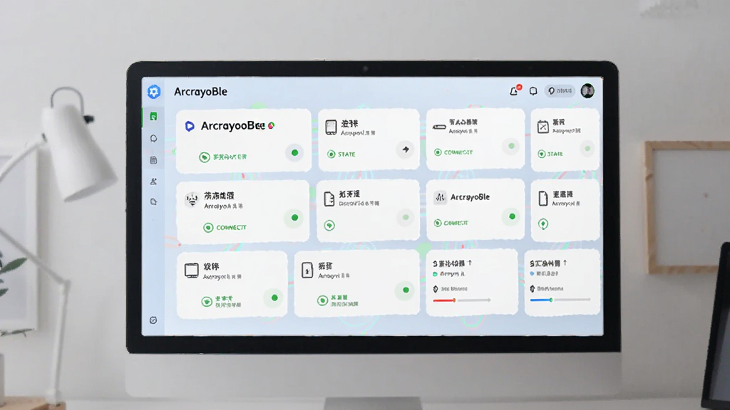 主体为 ArcrayoBle 软件多设备管理界面,布局为卡片式排列,排版为网格状,风格为清新浅色,细节上每张卡片显示设备名称与连接状态圆点,画质清晰,干净,无多余元素