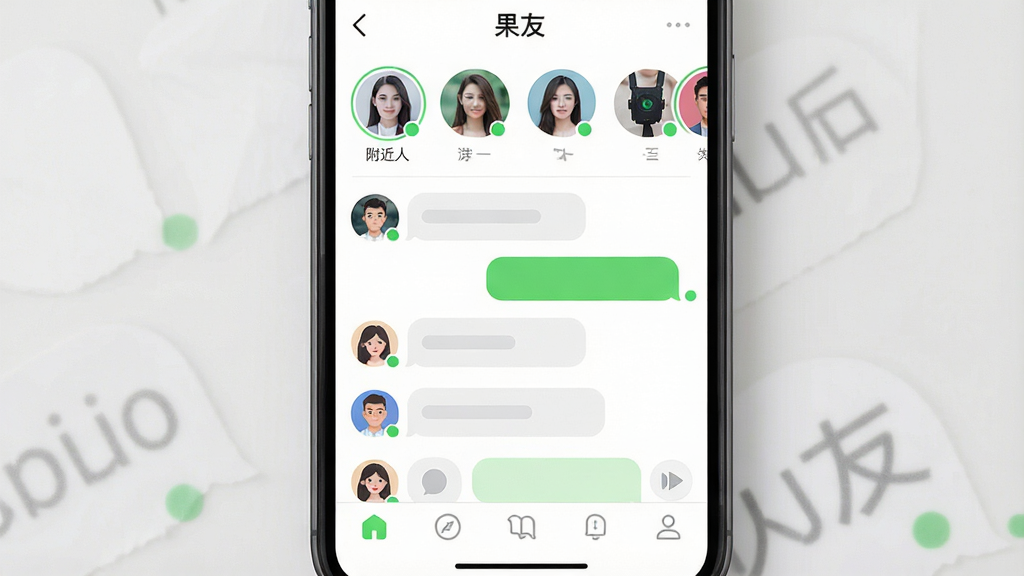 一张手机屏幕展示社交聊天软件界面的图片,画面中央是“果友”APP的主界面,顶部显示附近的人头像列表,中间是消息聊天列表,底部是导航栏,整体布局清晰,排版简洁,风格为现代扁平化UI设计,细节包括圆角头像、聊天气泡、在线状态小绿点,画质高清,干净,无多余元素