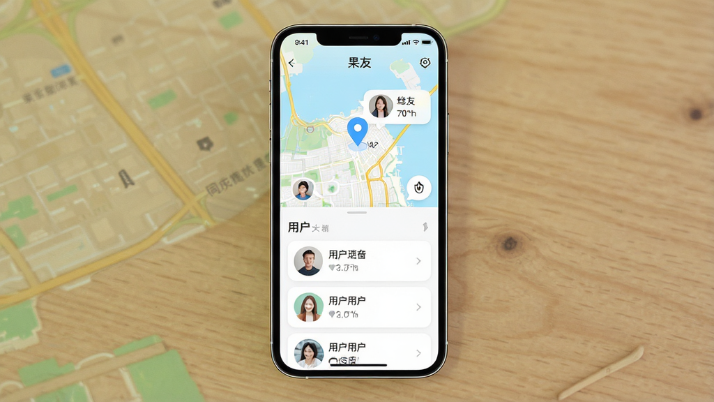 一张展示“果友”APP同城附近功能的界面截图风格图片,主体是手机屏幕中显示地图定位和附近用户头像气泡,布局为上半部分地图、下半部分用户卡片列表,排版整齐,风格为清新浅色系UI,细节包括定位图标、距离数值、头像圆角处理,画质高清,干净,无多余元素