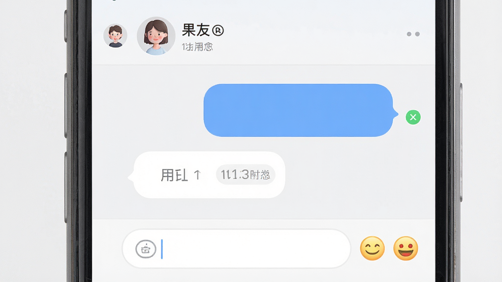 一张展示“果友”APP聊天对话界面的图片,主体是手机屏幕中两个聊天气泡一来一回,布局为顶部联系人名称、中间对话区域、底部输入框,排版简洁,风格为柔和圆角设计,细节包括发送时间戳、已读标记、表情按钮,画质高清,干净,无多余元素