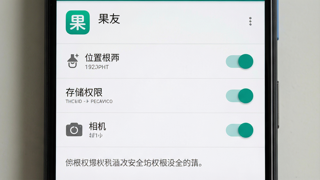 一张展示手机安全设置界面的图片,主体是安卓手机中的应用权限管理页面,布局为顶部应用名称“果友”、中间权限开关列表、底部提示文字,排版清晰,风格为系统原生设置界面,细节包括位置权限、存储权限、相机权限开关,画质高清,干净,无多余元素